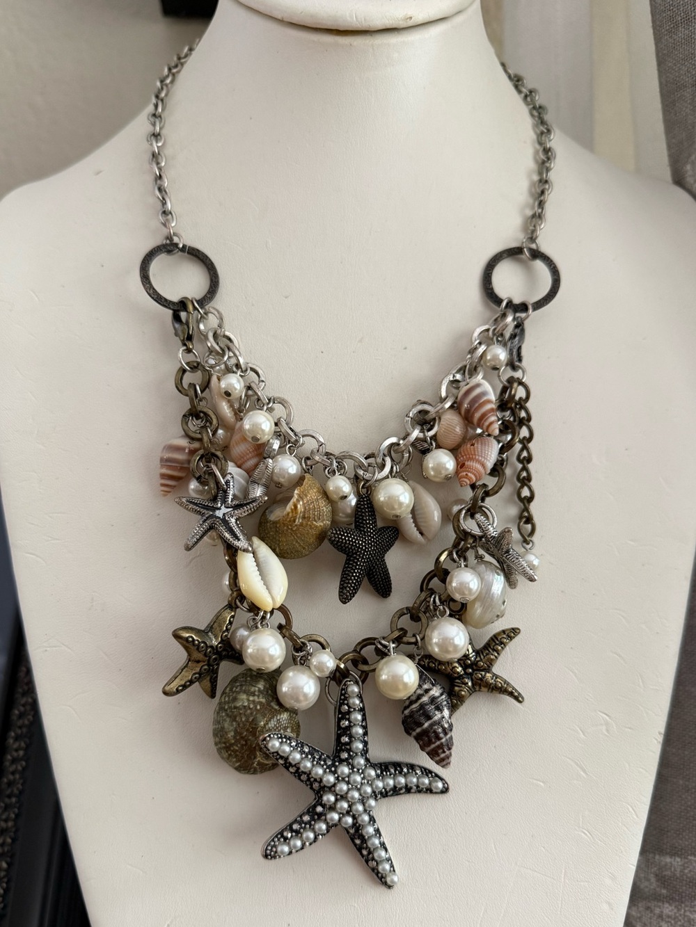 Natural Shell & Pearl Multi-Charm EFM Statement Necklace